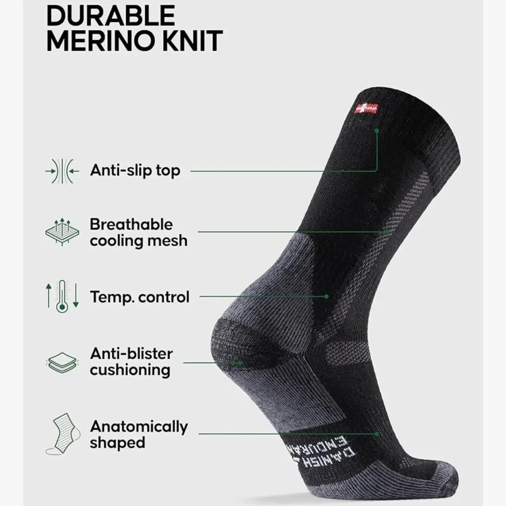 Danish Endurance Hiking Socks, Merino Wool Socks, Black Large 2‎ Pack NWT in pkg
